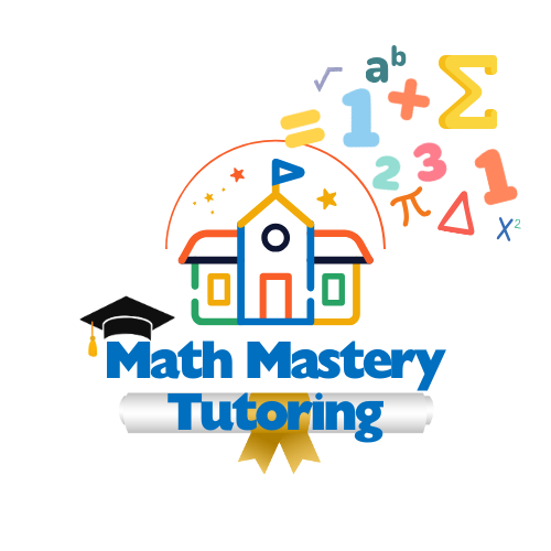 math mastery tutoring logo with happy colors and a playful schoolhouse with math symbols and numbers floating out the school. Math Mastery Tutoring text is underneath the logo with a graduation cap above the M in math, and a golden ribbon diploma sits directly behind the text of Tutoring.